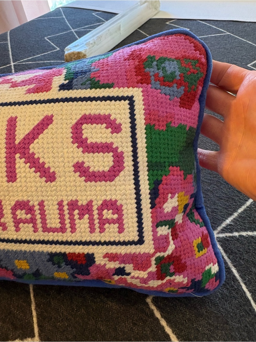 Embroidered Floral Pillow — "THANKS IT'S THE TRAUMA" - Picture 3 of 3